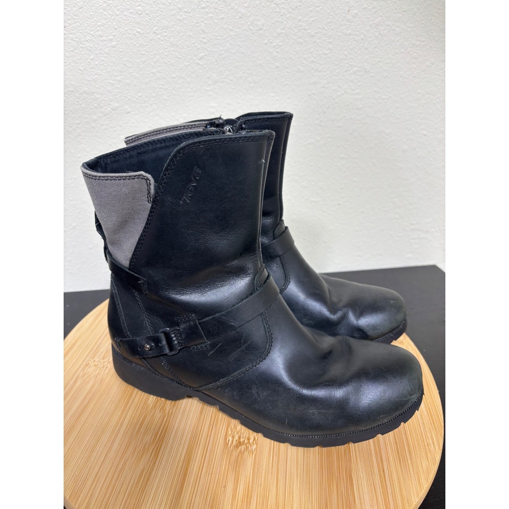 Teva De La Vina Ankle Boots Womens 8 Black Leather Mixed Media Buckle Waterproof